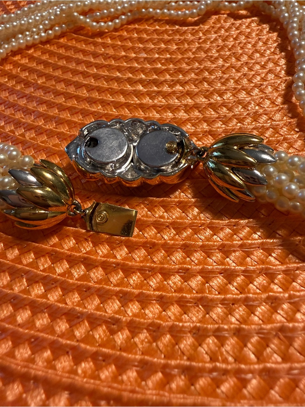 Vintage Multi-Strand Faux Pearl Necklace with Black Enamel front clasp Necklace - Picture 5 of 15